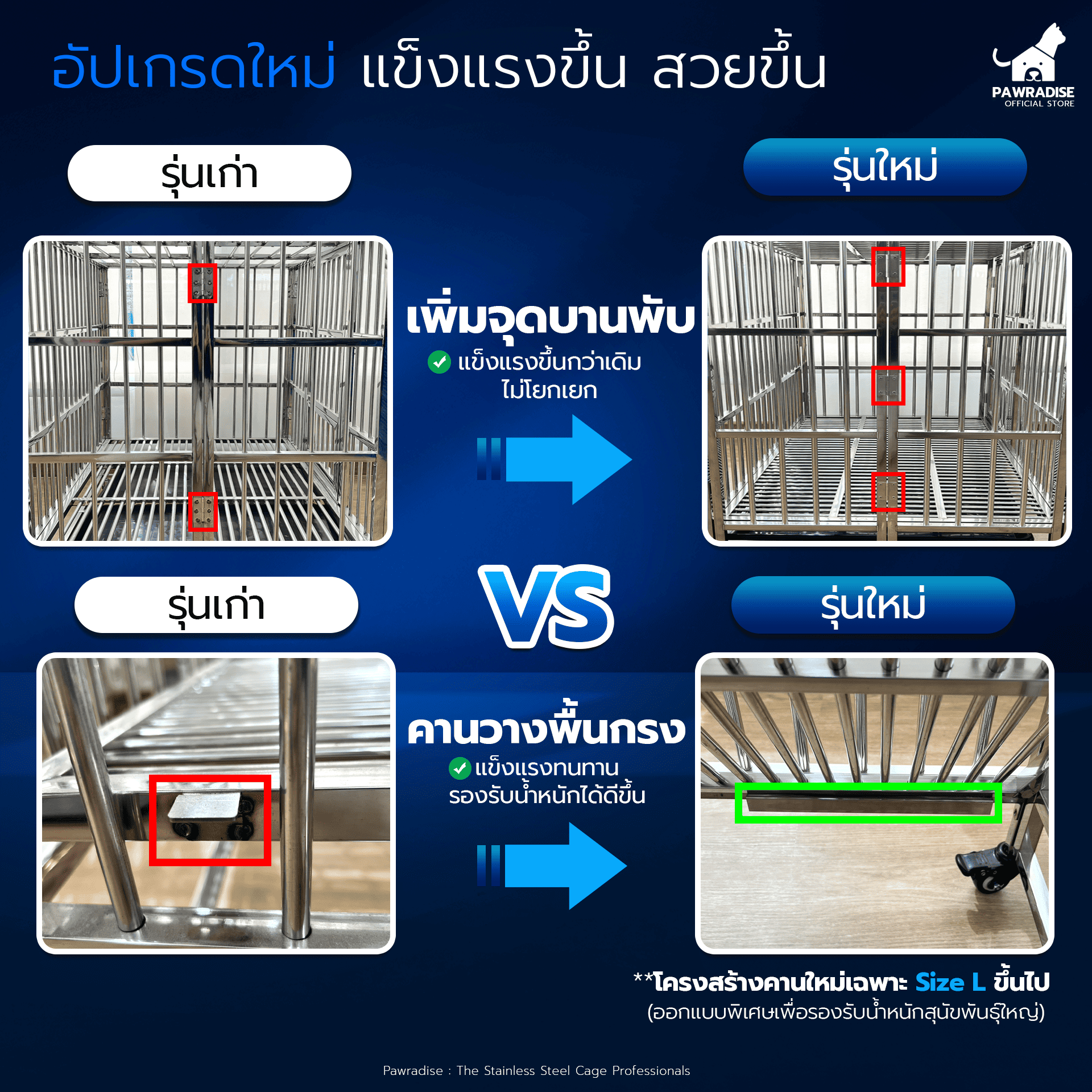 กรงสุนัขสแตนเลส 202 PAWRADISE รุ่นท่อเหลี่ยม(พับได้) SIZE XL PLUS ขนาด : 125 X 94 X 115 CM._6